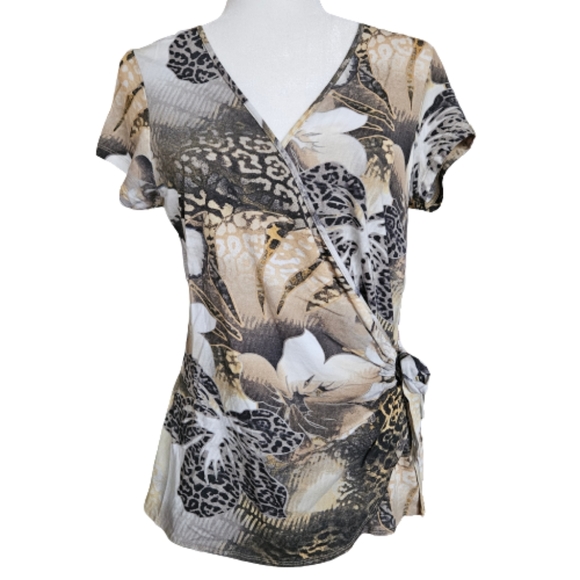 Vintage Beige and Brown Abstract Floral Faux Wrap Blouse Top Fits Size M, L & XL - Picture 1 of 10